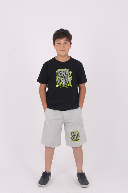 Buseyiz Graphic Islan Printed Cotton and Pocket Boy's Bottom Top Capris Summer Suit 4-14 Years Old