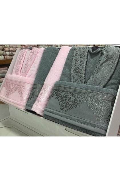 537 Jakarlı Pembe*gri 6 Parça Bornoz Seti