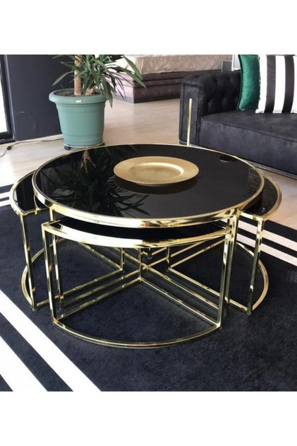 Sosa Metal Gold Kaplama Siyah Camlı Yuvarlak Orta Sehpa 4+1