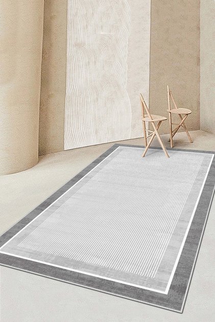Makinede Yıkanabilir Kaymaz Taban Leke Tutmaz Gri Çizgili Salon Halısı Mutfak Halısı ve Yolluk