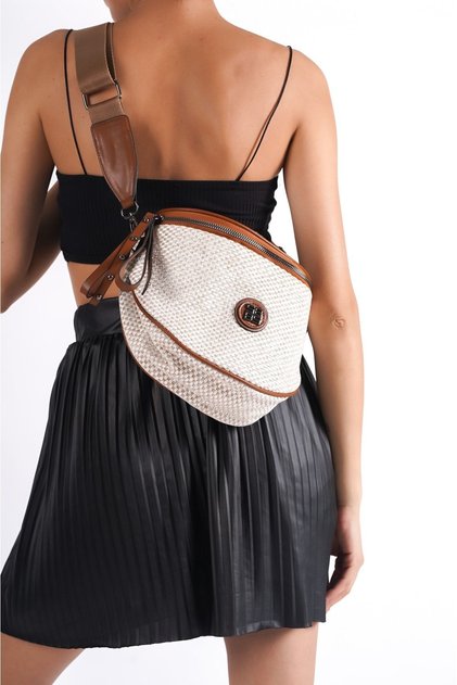 Women's Cream Colored Linen Fabric Waist and Shoulder Bag