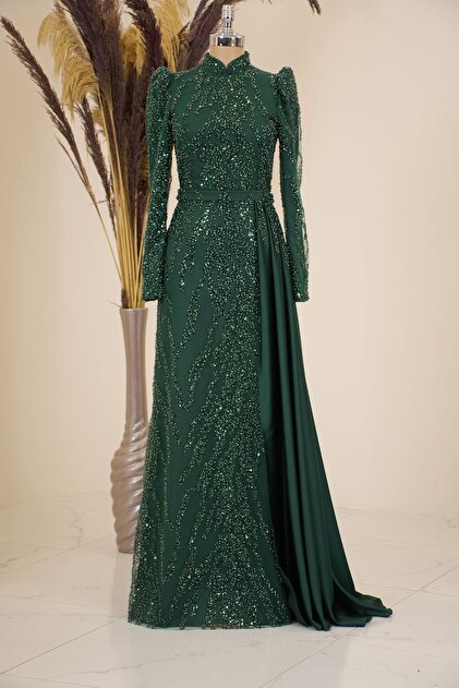 PENNAR Emerald Colored Seil Evening Dress - Pendulum Skirt and Bead  Embroidered- Trendyol