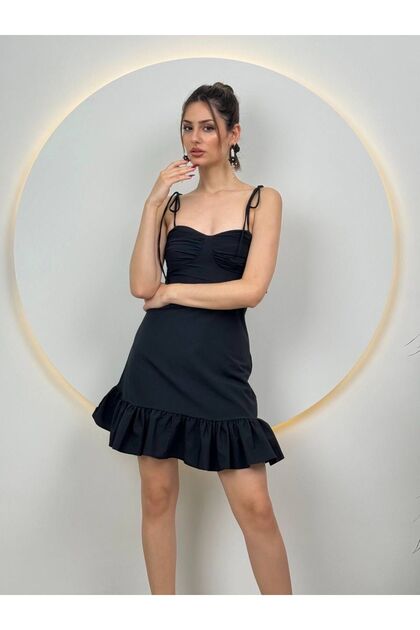 mafdress Black Mini Strap Evening Dress - Graduation Dress- Trendyol