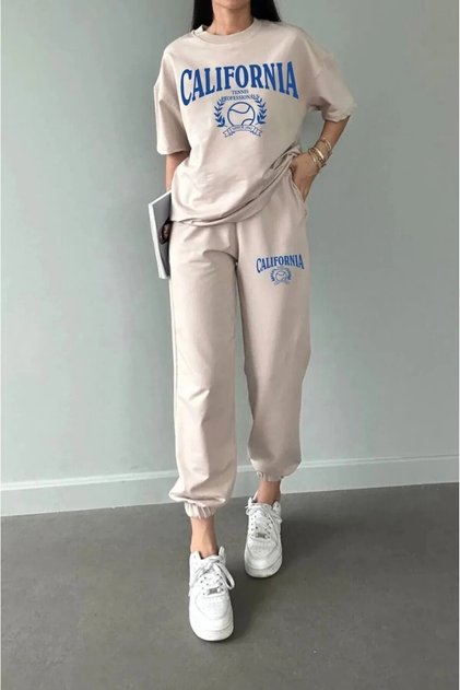Women's Summer Beige California Tennis Printed Tracksuit T-shirt Set