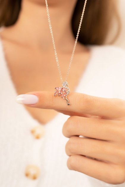 Flamingo Model Pembe Taşlı 14k Rose Gold Kaplama Kadın Kolye