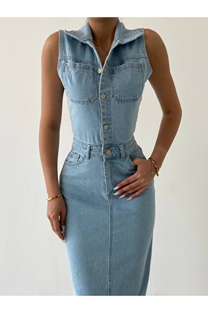 ETKAFASHION Denim Dress - Tight Fit, Zero Sleeve and Button,  Gtip620442000012, Origin Turkey- Trendyol
