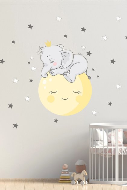Sleepy Elephant with Yellow Moon Wall Sticker Set