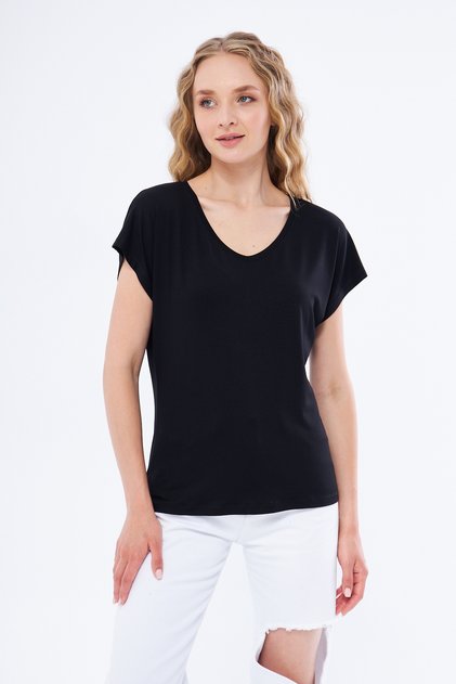T-shirt Kadın V Yaka Basıc Siyah Renk