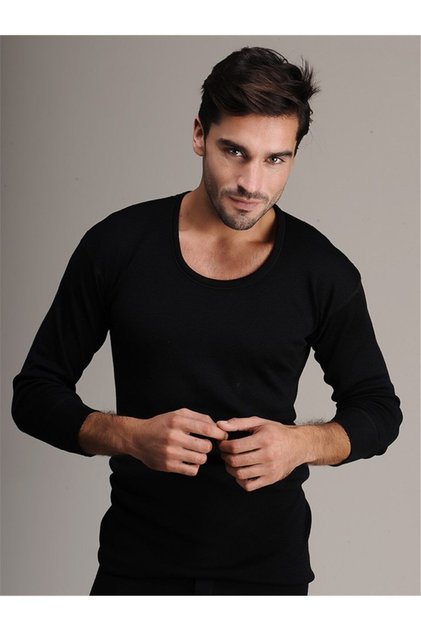 Men's Black Long Sleeve Wool Top Underwear 2104