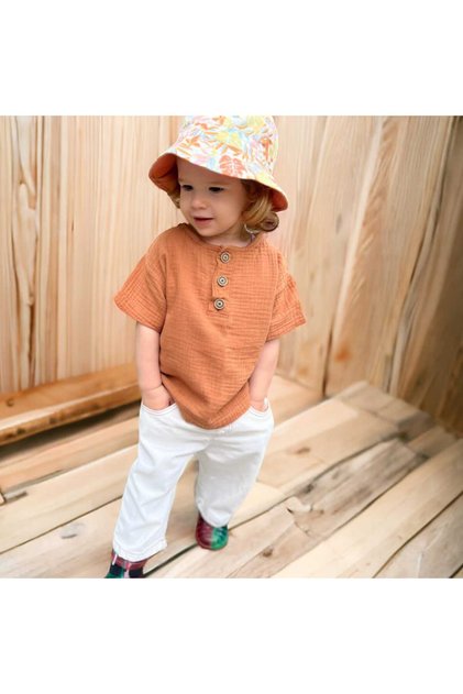Buttoned Front Low Sleeve Organic Muslin T-Shirt