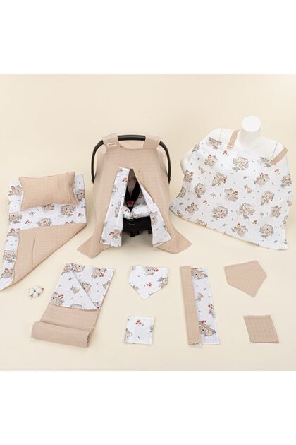 11-Piece Muslin Set - Beach Beige Muslin - Koala Nursing Apron, Stroller Set, Changing Mat, Muslin Cover