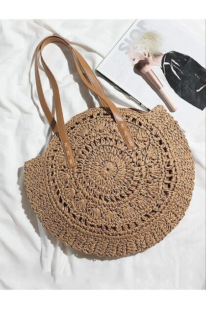 Mink Color Lace Model Round Handmade Paper Rope Knitted Shoulder Bag | Beach - Summer House - Gift