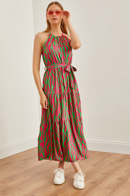 Olalook Zebra Fuchsia Green Viscon Halter Neck Dress - Belted,  ELB-19001548- Trendyol