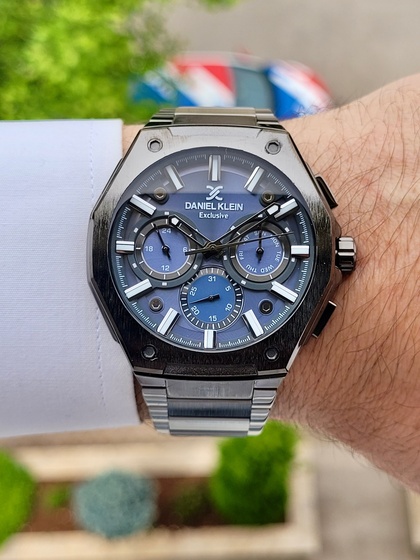 Charcoal grey 's Wristwatch with Navy Blue Dial, Dark Gray Strap, 2-Year Warranty, and Active Internal Displays.