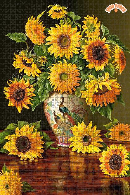 Tavus Kuşu Vazosunda Ayçiçekleri Çift Katlı Çerçeveli Asılabilir Ahşap Puzzle 1000 PARÇA 50X70