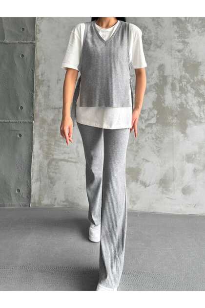 Ribbed Knit Pants - t-shirt- Vest -Piece Set