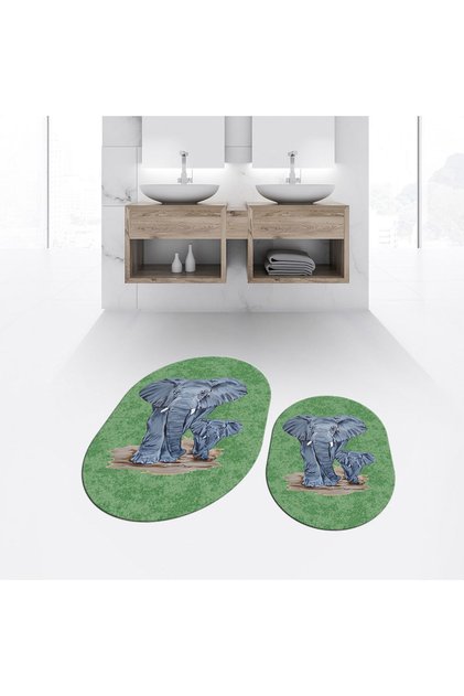 Digital Printed Non-Slip Base Washable Oval Double Bathroom Mat Toilet Seat Set, V-O-KLOZET-33-GREEN,