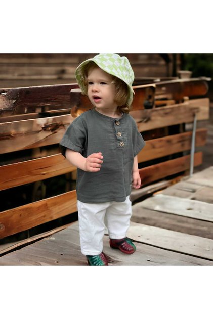 Buttoned Front Low Sleeve Organic Muslin T-Shirt