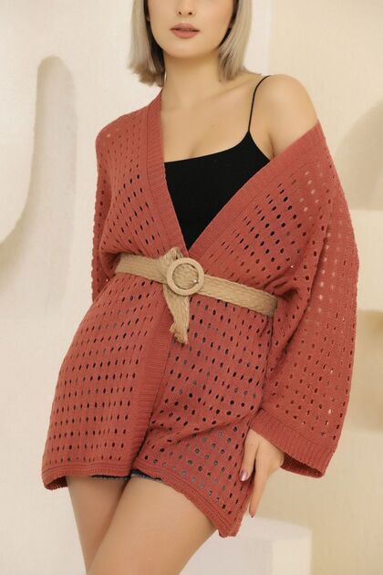U Shawl Collar Half Sleeve Openwork Perforated Summer Midi Length Thin Knitwear Cardigan