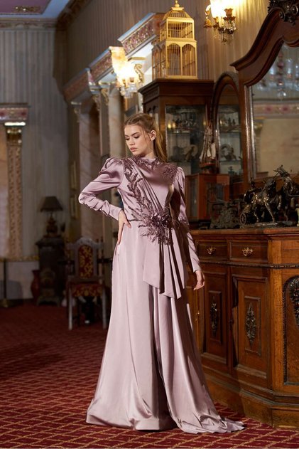 Satin Draped Embroidered Detailed Evening Dress 7008