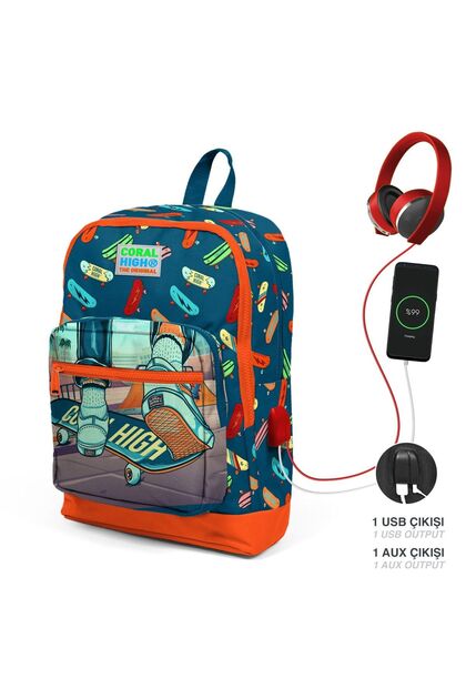 Kids Civit Neon Turuncu Kaykay Desenli Dört Bölmeli Usb'li Okul Sırt Çantası 23823
