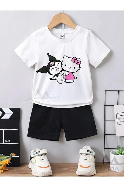 Kids' White and Black Kuromi and Melody Printed Top and Bottom %100 Cotton T-Shirt and Shorts Set