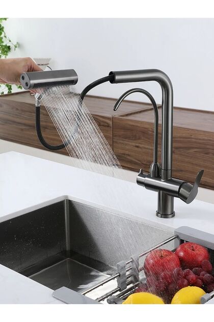 Kitchen Sink Faucet Dual Flow Purification Outlet Shower Waterfall 4 Functions Anthracite Imported 7 Years Warranty