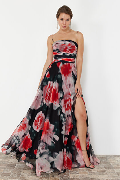 Trendyol Collection Fuchsia Colored Flower Patterned Long Evening Dress -  TPRSS24AE00241- Trendyol
