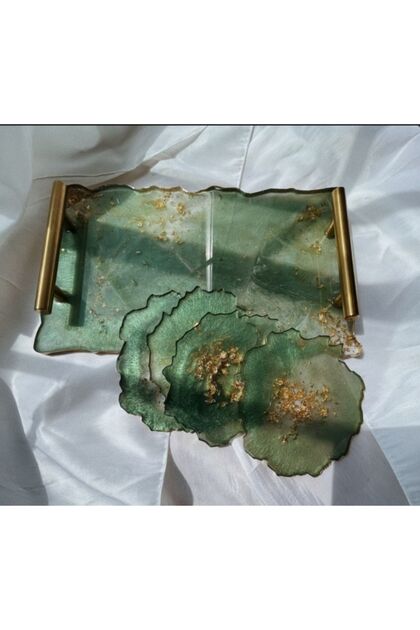Gold Leaf Wavy Patterned Epoxy Presentation Tray Coaster Set for Two Promise Engagement Groom
