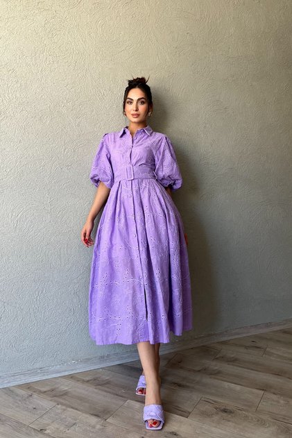 Lilac Embroidery Dress with Balloon Sleeve and Pleat Detail