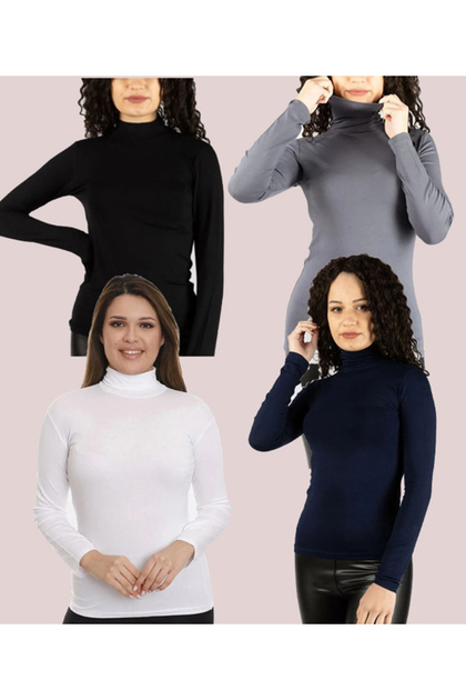 Women's Long sleeve Turtleneck Turtleneck Stretch Fabric Cotton Jersey (4 Pieces)