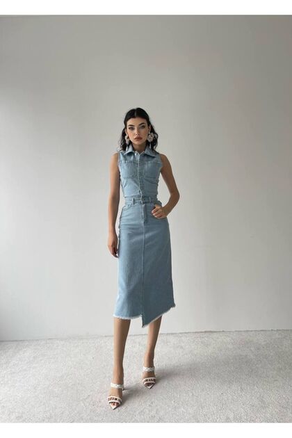 ETKAFASHION Denim Dress - Tight Fit, Zero Sleeve and Button,  Gtip620442000012, Origin Turkey- Trendyol
