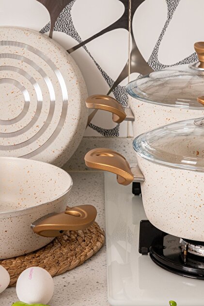 ストーンカービング　7点セット çarşıdayız 7 Parça Beyaz Renk Granit Tencere Seti - Gold Bakalit