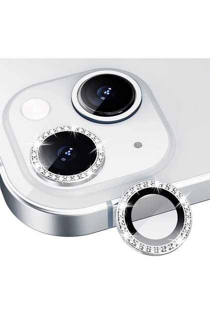 Iphone 13 / 13 Mini Uyumlu Gümüş Taşlı Kamera Lensi Koruyucu