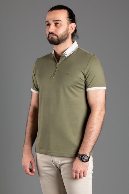 MEN'S KHAKI ZIPPERED POLO NECK T-SHIRT