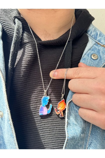 Flame and Sea Couple Necklaces with Steel Chains