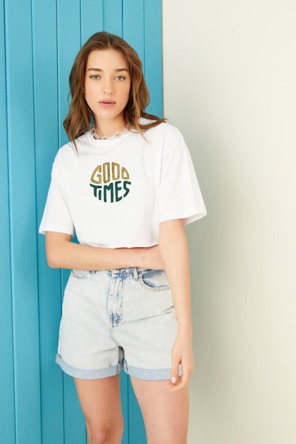 Women's White Good Times Printed Oversize Crop Top