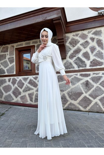 Şifon Kumaş Yıldız Beyaz Nikah Elbisesi