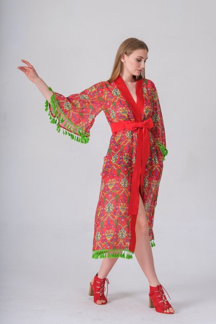 Thin Voile Fabric Cotton Kimono Tassel Detail Long Pareo and Beach Dress