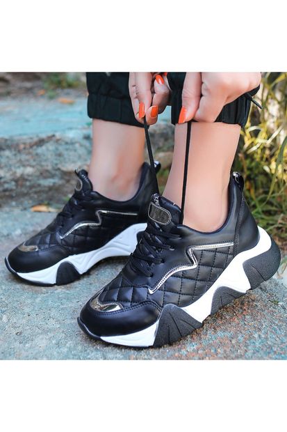 Genel Markalar Kadın Renz Siyah Cilt Gümüş Detaylı Spor Ayakkabı - 4