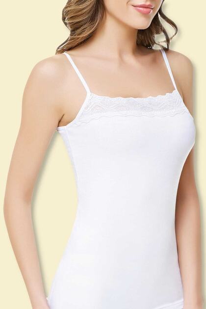 Women's White 2 Pack Elastane Cotton Rope Strap Lace Tank Top