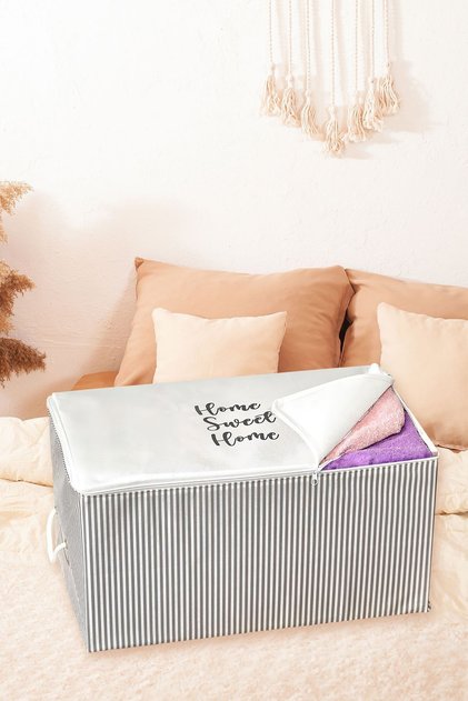 Büyük Boy Gri Çizgili Home Sweet Home Baskılı Hurç 64x40x35