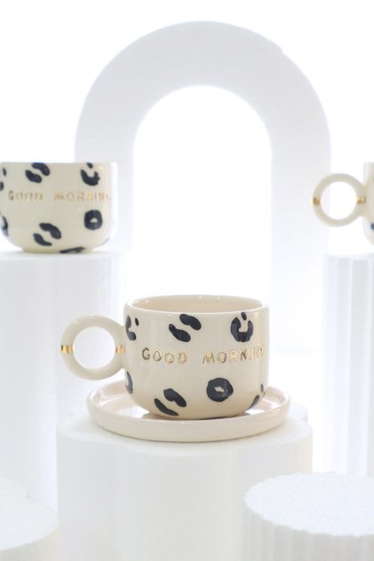 Good Morning Leopard Patterned Special Design 24K Gold Decorated Handmade Ceramic Mug 200ml