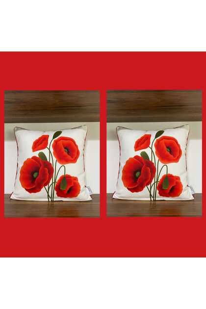 D150 Poppy Flower Patterned Digital Printed Double-Sided Patterned Throw Pillow Cover with Piping on the Edges