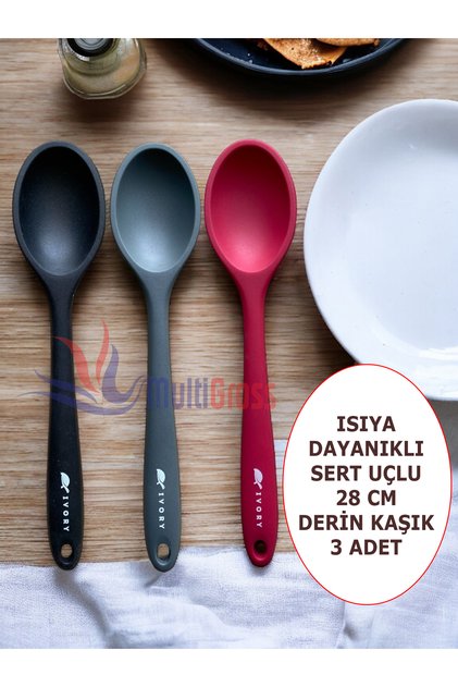 İvory Sert Uçlu Isıya Dayanıklı Yanmaz Yapışmaz Silikon 28 Cm Kaşık Seti 3 Adet