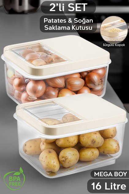 2'li 16 Litre Sürgülü Kapak Sebzelik, Patates Soğan Sebze Saklama Kabı, Erzak Saklama Kabı-krem