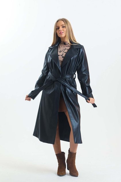 Woman's Black Leather Trench