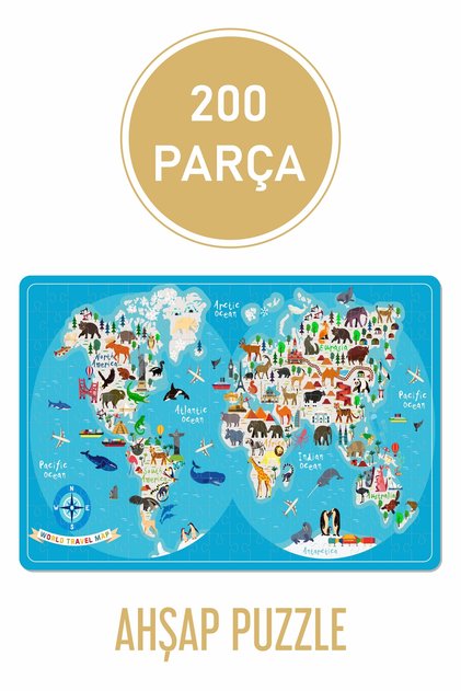 Hayvanlar Dünya Haritası-2 200 Parça Ahşap Puzzle