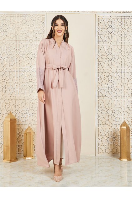 Lace Detail Sleeves Concealed Placket Closure Abaya with Self Tie Up