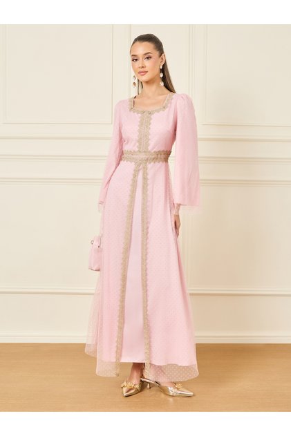 Lace Detail Swiss Dot Mesh Layer Jalabiya